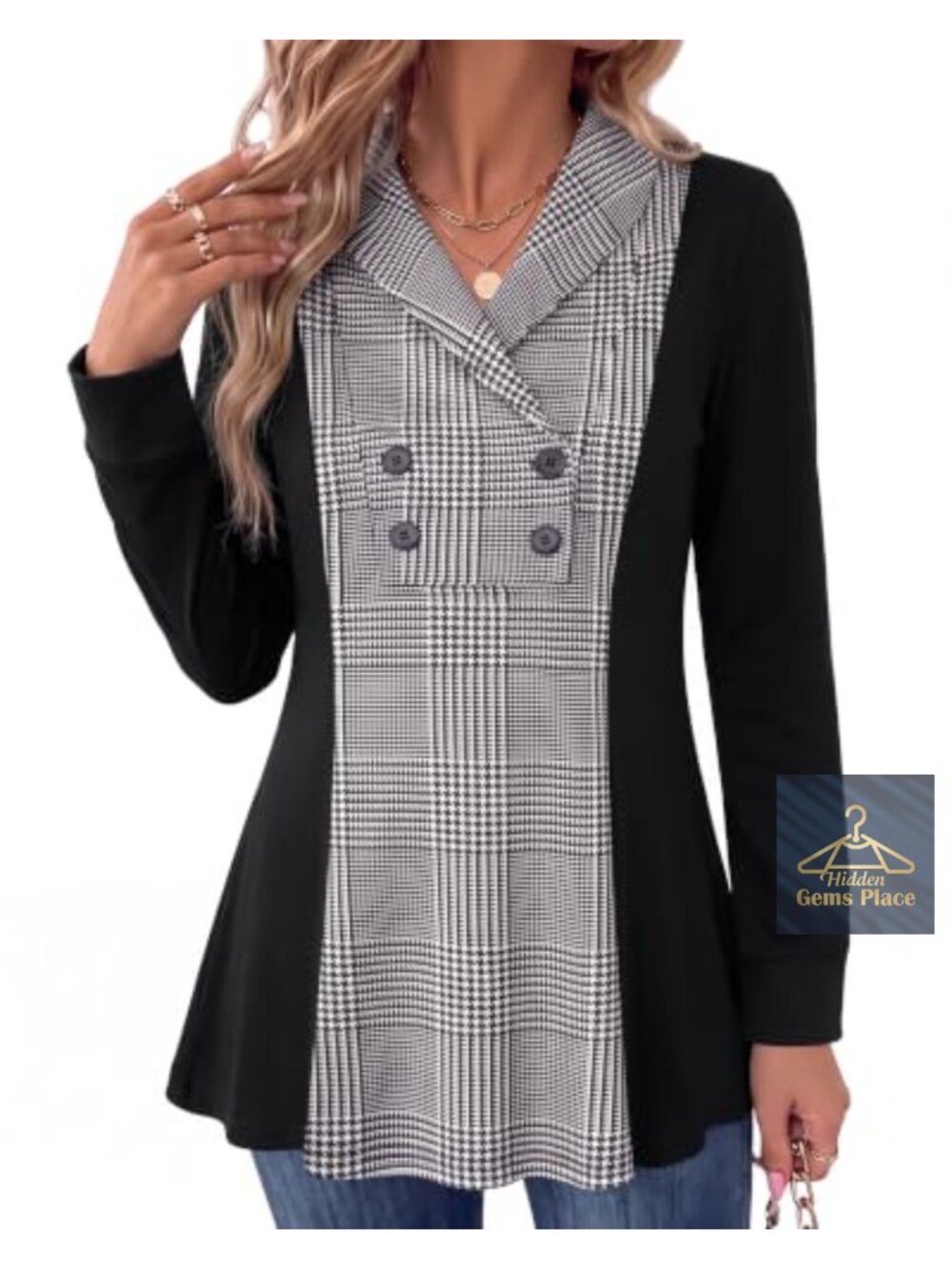 V Neck Long Sleeve Tunic Top Button Pleated Loose Fit Casual Work Blouse